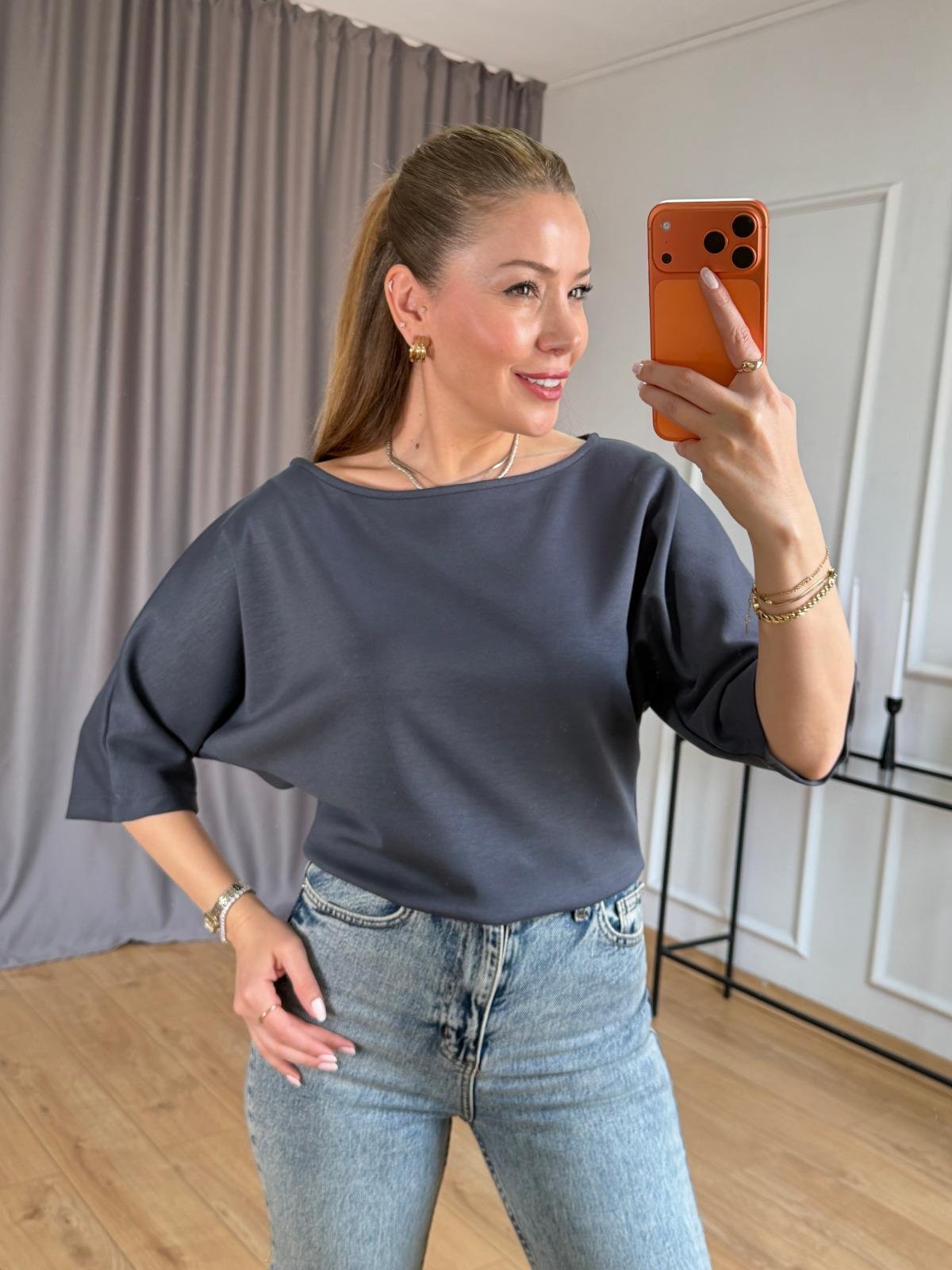 Füme Geniş Yaka Basic Tshirt