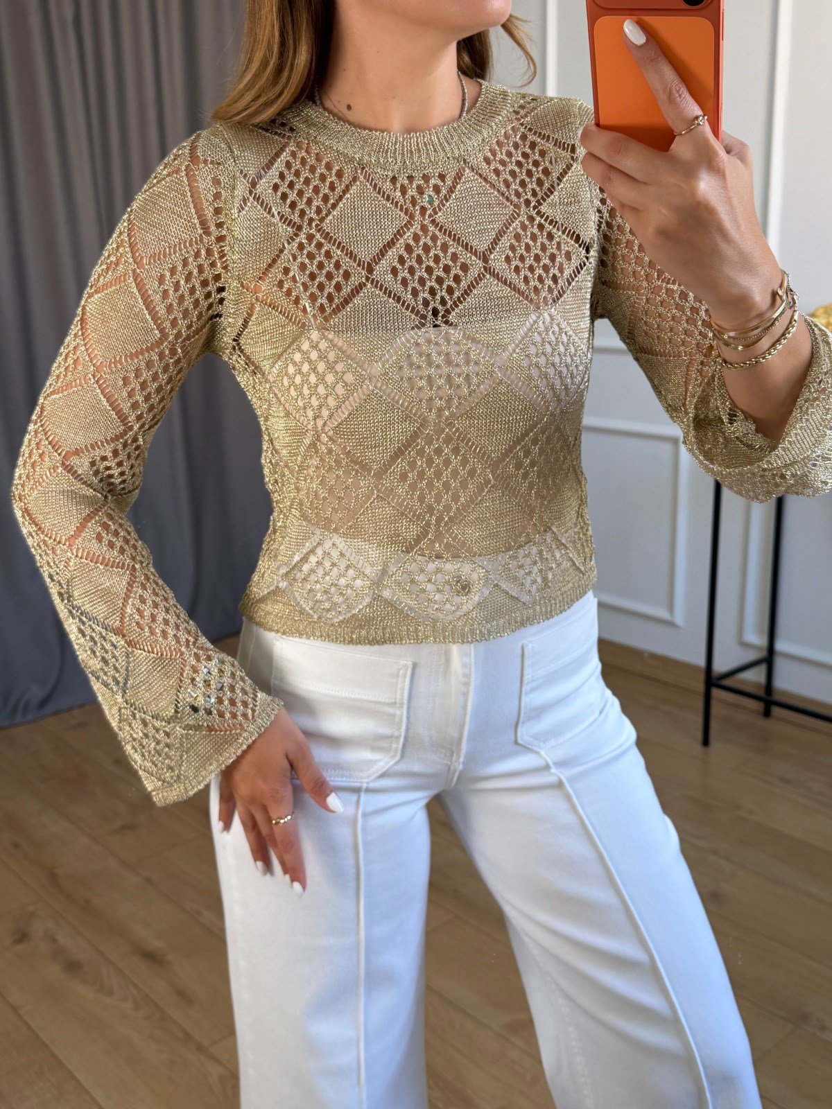 Gold Geometrik Desenli Bluz