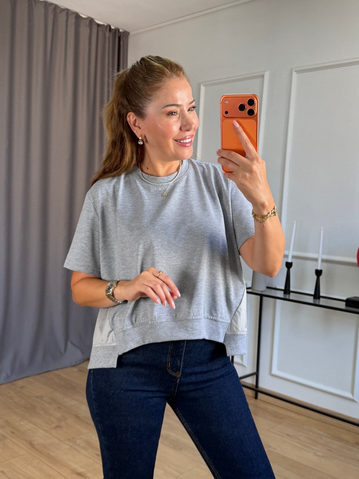 Gri Paraşüt Detaylı Tasarım Tshirt