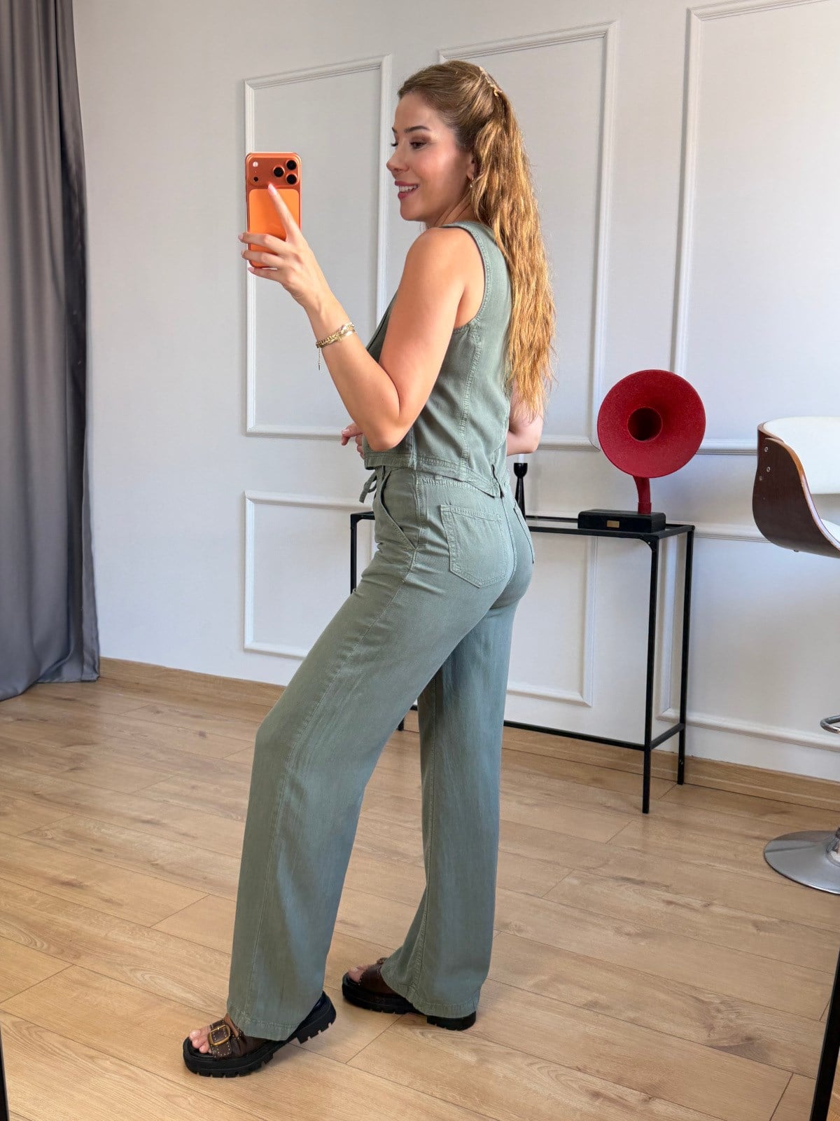 Haki Beli Bağlamalı Bluz Pantolon Takım