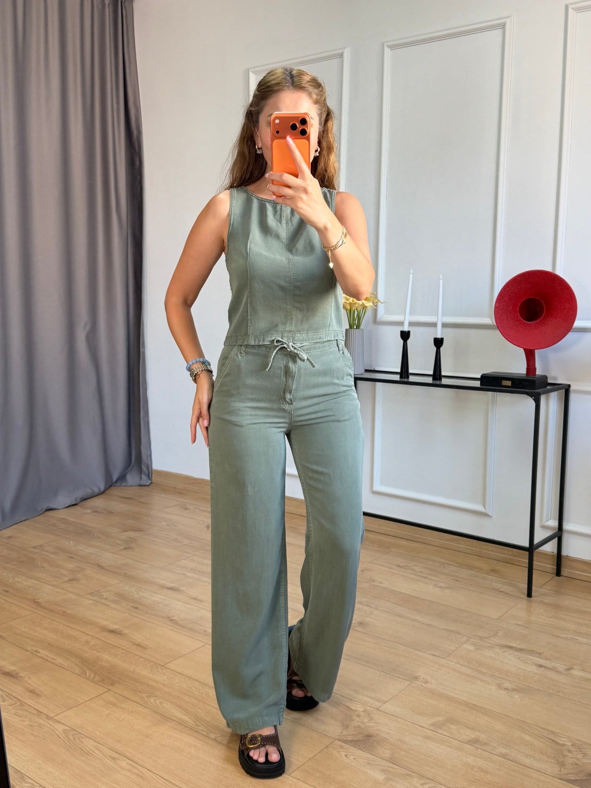Haki Beli Bağlamalı Bluz Pantolon Takım