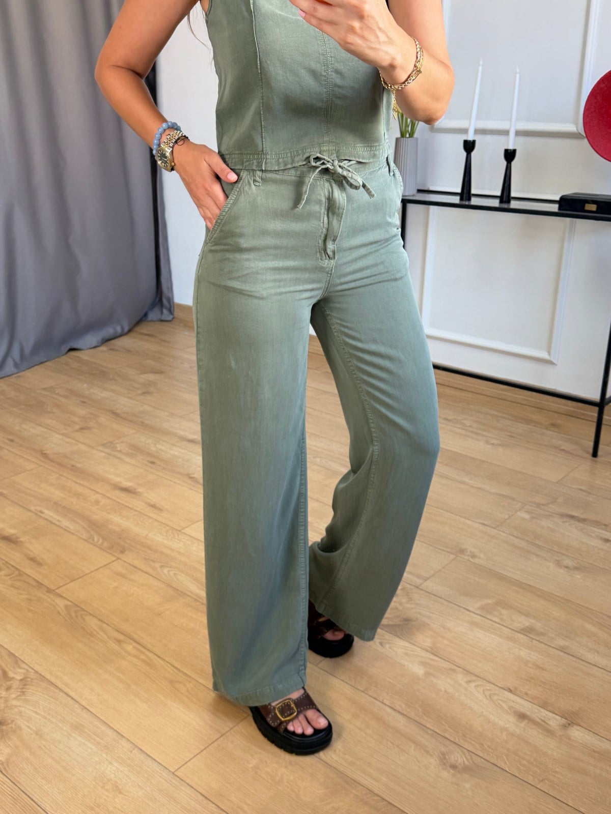 Haki Beli Bağlamalı Bluz Pantolon Takım