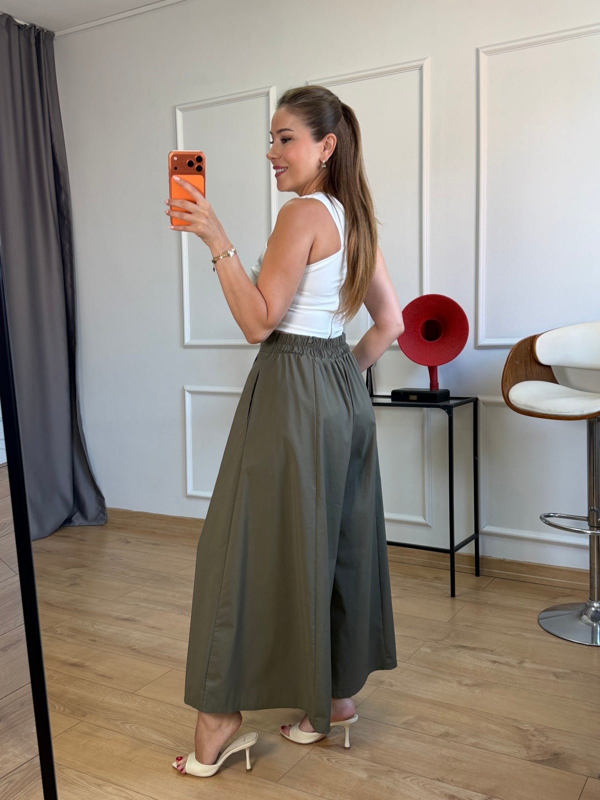 Haki Pileli Beli Lastikli Pantolon