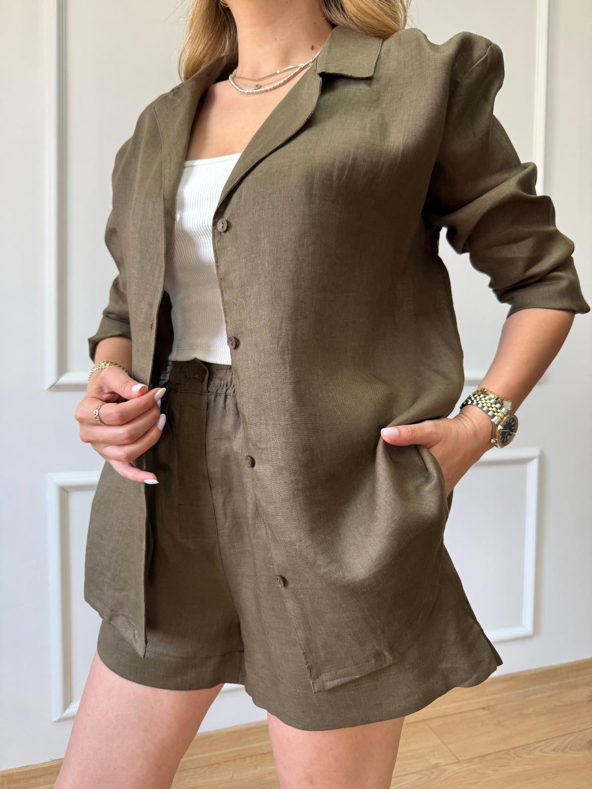 Haki Şortlu Keten Takım