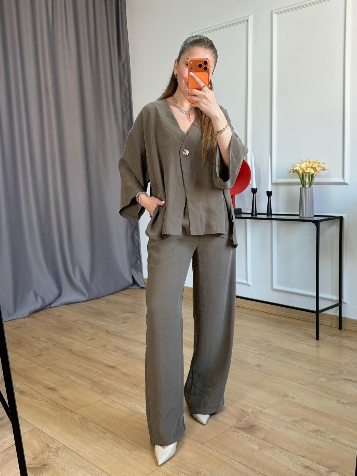 Haki Yan Yırtmaçlı Kimono Takım