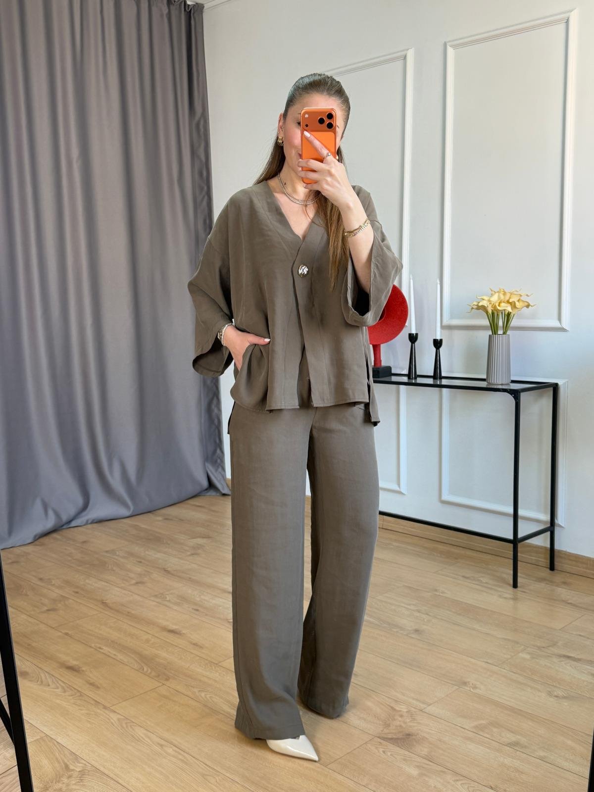 Haki Yan Yırtmaçlı Kimono Takım