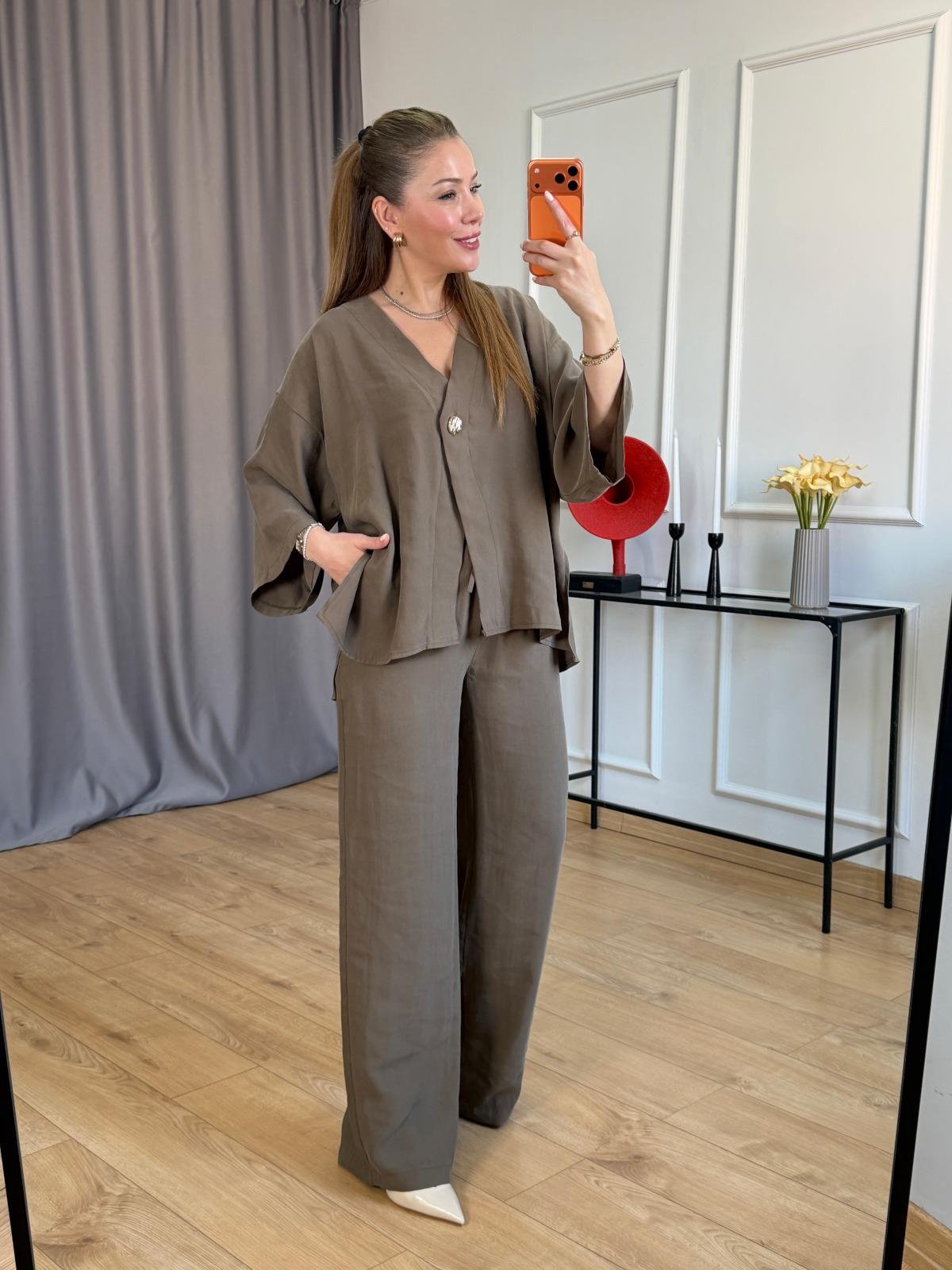 Haki Yan Yırtmaçlı Kimono Takım