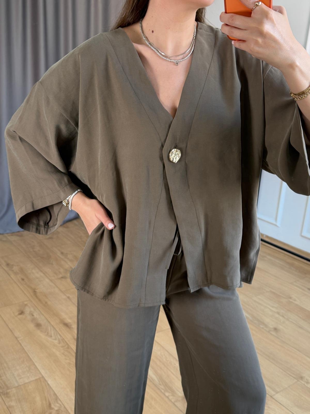 Haki Yan Yırtmaçlı Kimono Takım