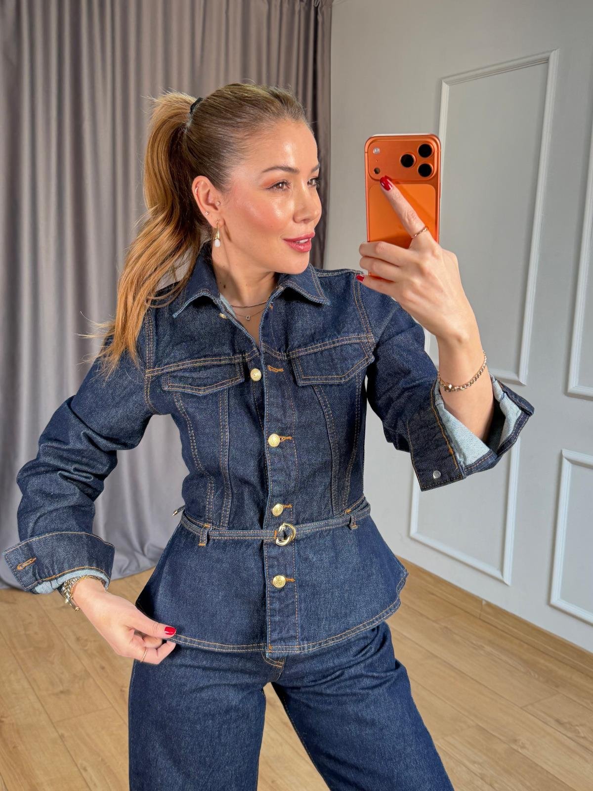 İnce Kemerli Jean Ceket