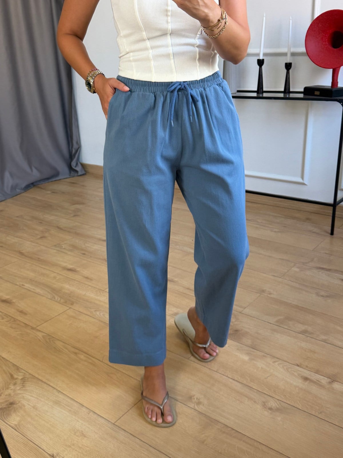 İndigo Beli Bağlamalı Pantolon