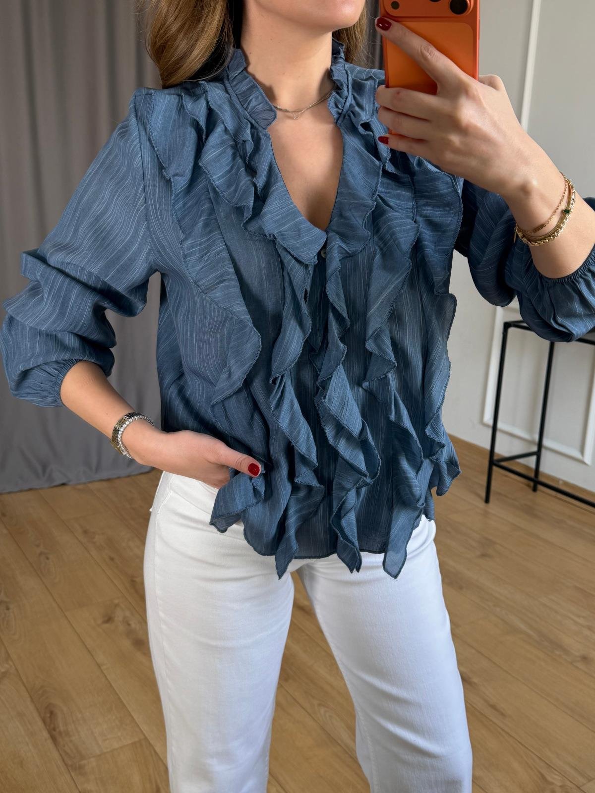 İndigo Lilyum Volanlı Bluz