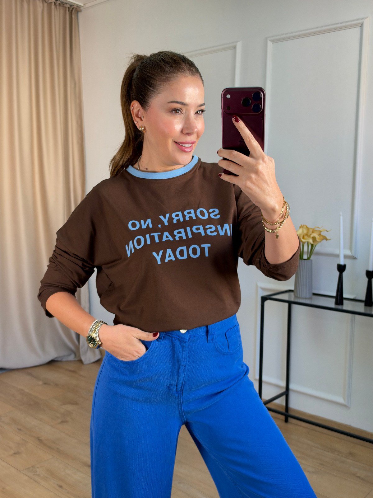 Kahve Baskılı Basic Bluz