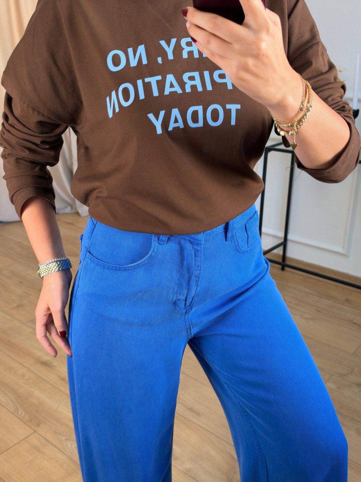 Kahve Baskılı Basic Bluz