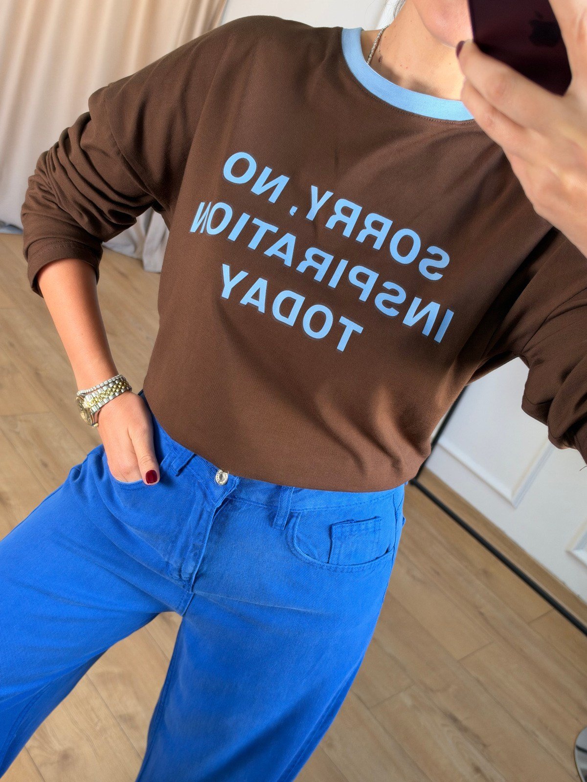 Kahve Baskılı Basic Bluz