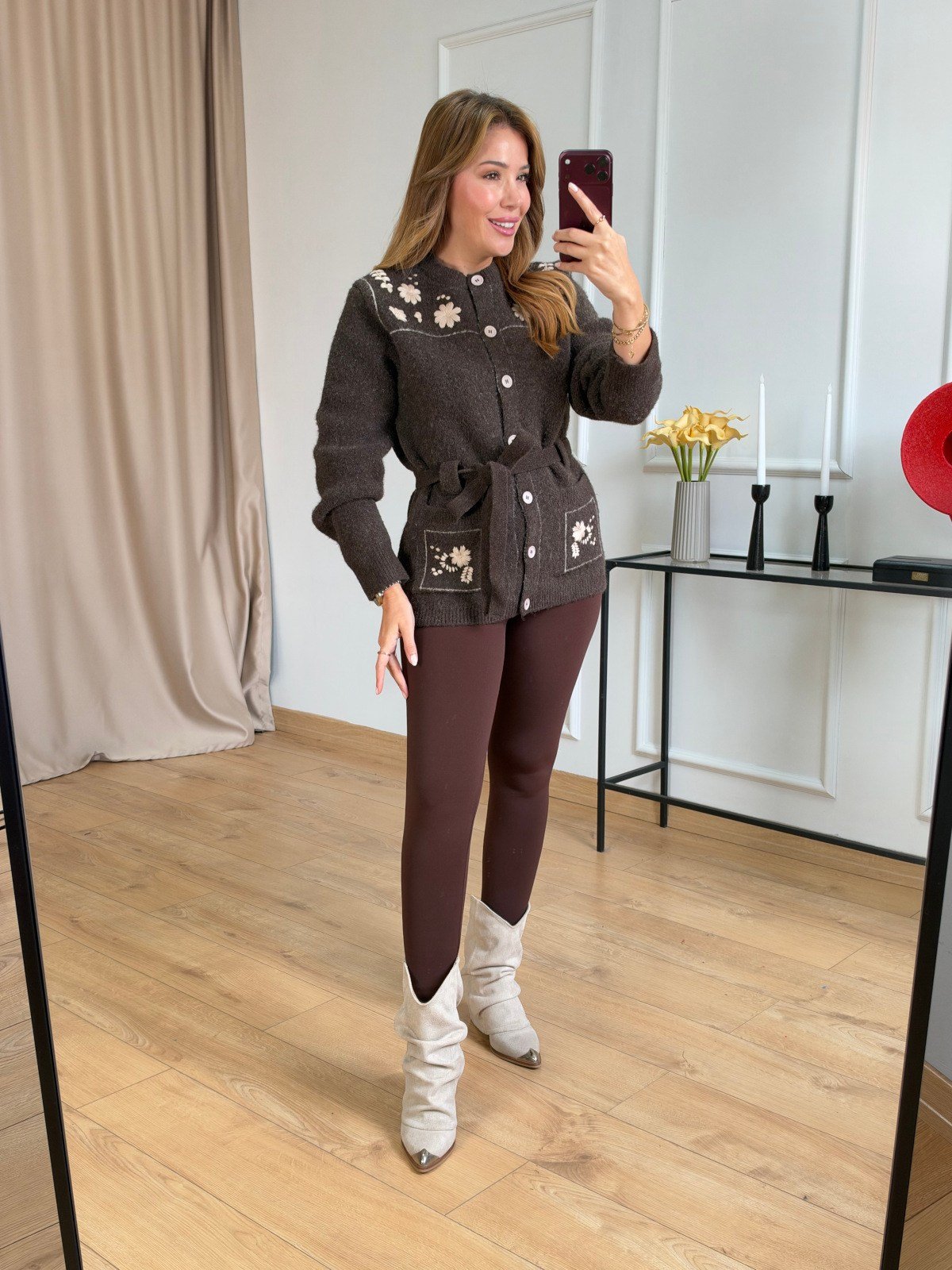 Kahve Çiçek Kemer Detaylı Hırka