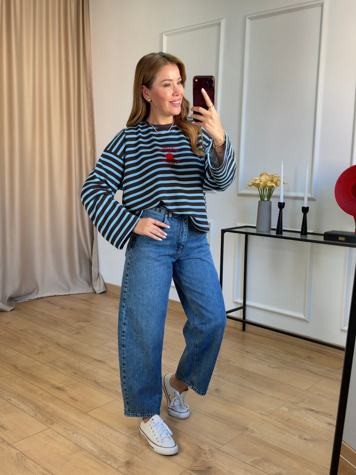 Kahve Çizgili Önü Baskılı Sweatshirt