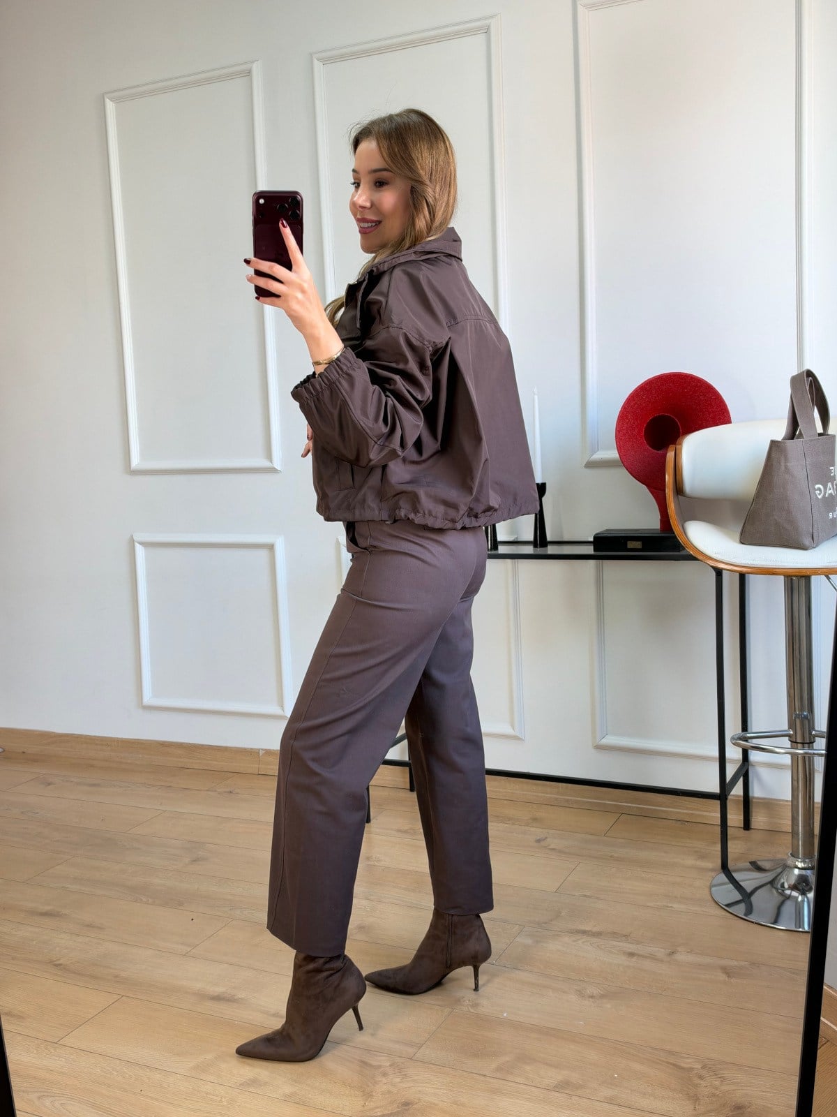 Kahve Dik Yaka Düğmeli Ceket