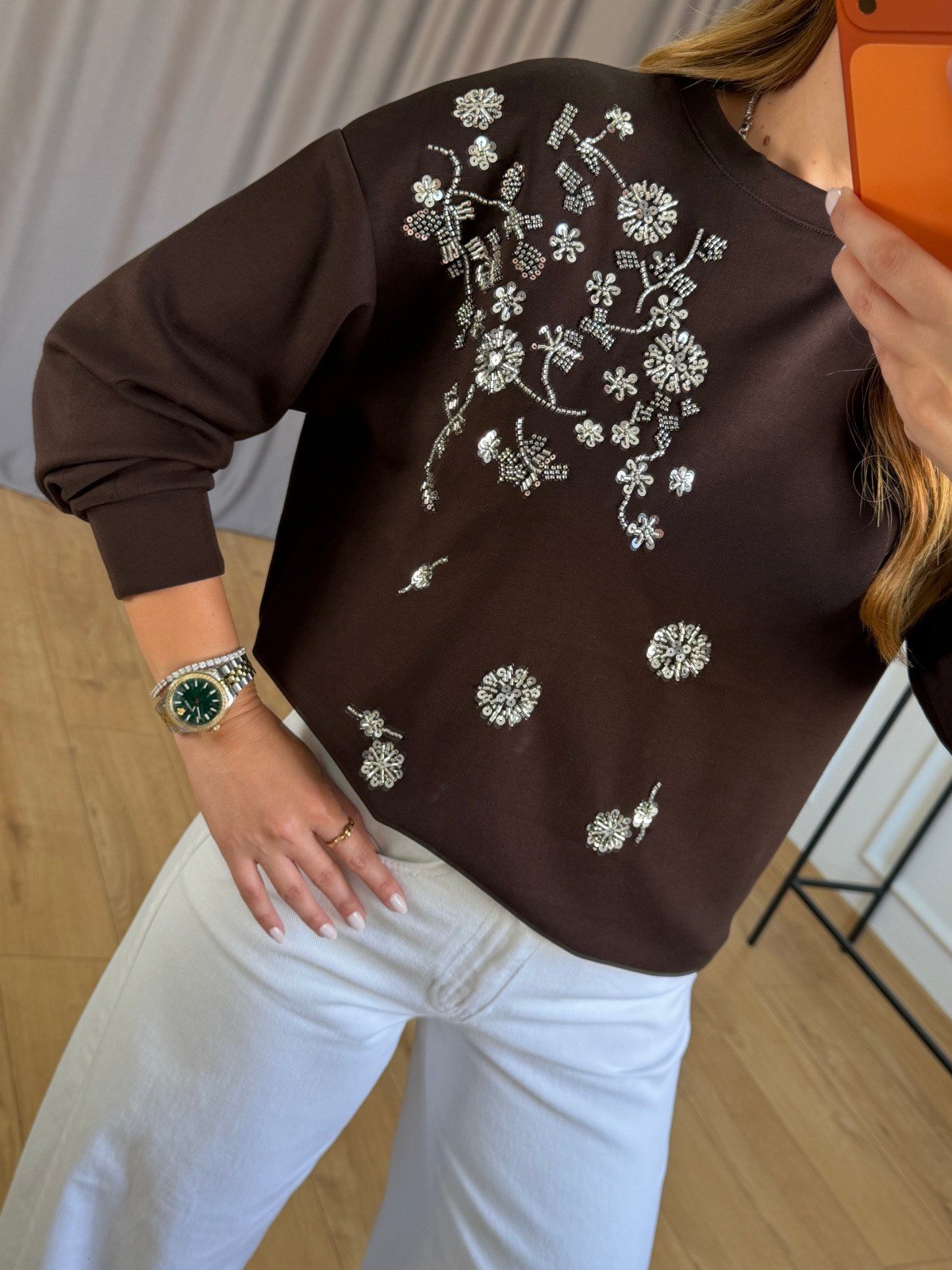 Kahve Gümüş Taşlı Sweatshirt