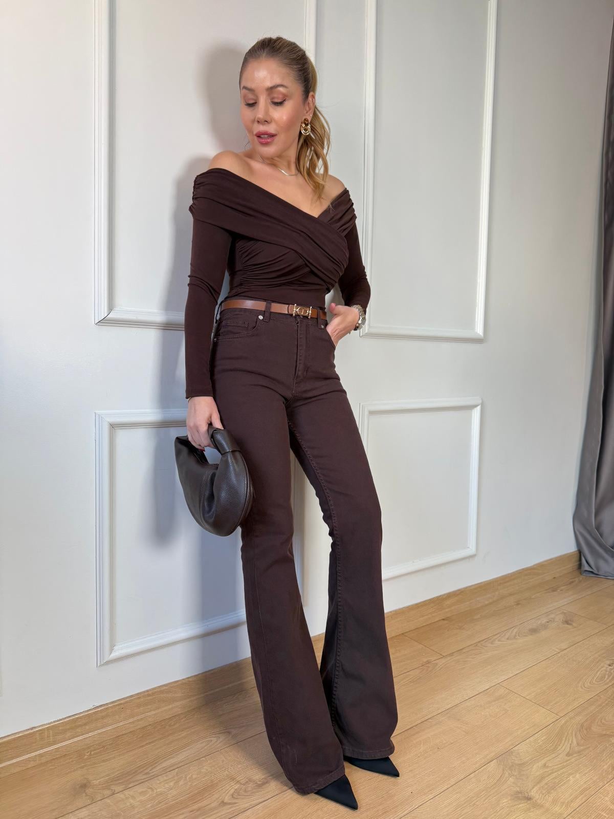 Kahve İspanyol Paça Jean