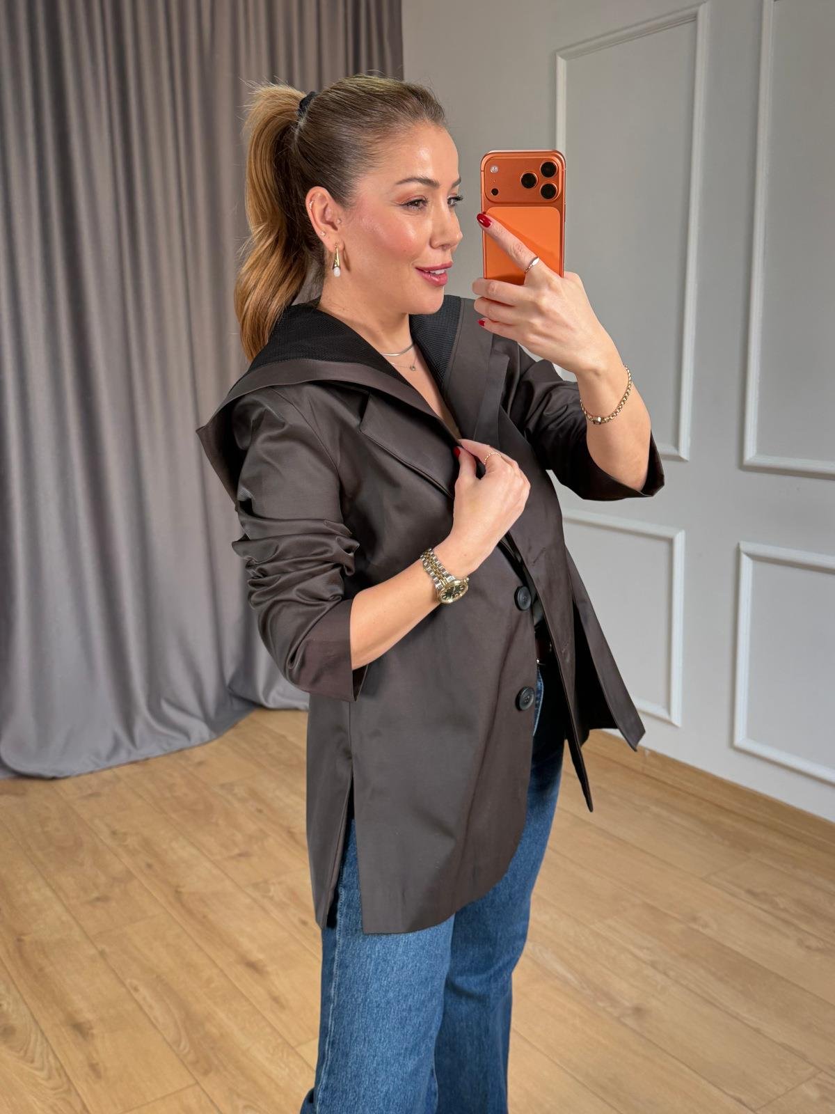 Kahve Kapüşonlu Blazer Ceket