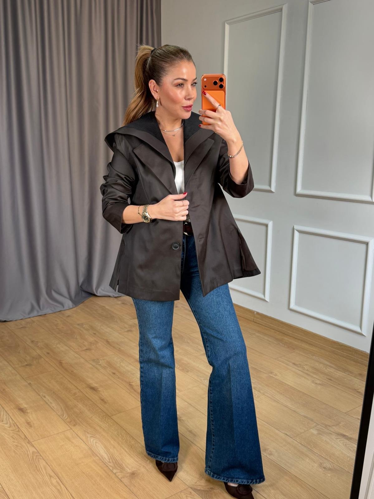 Kahve Kapüşonlu Blazer Ceket