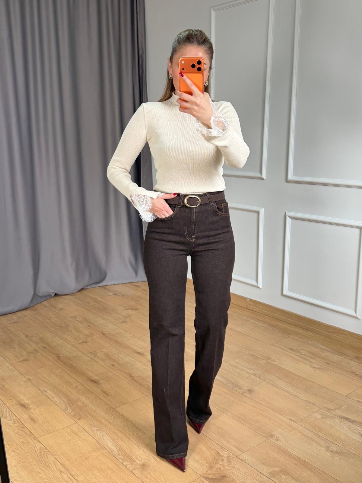 Kahve Ütülü Straight Jean