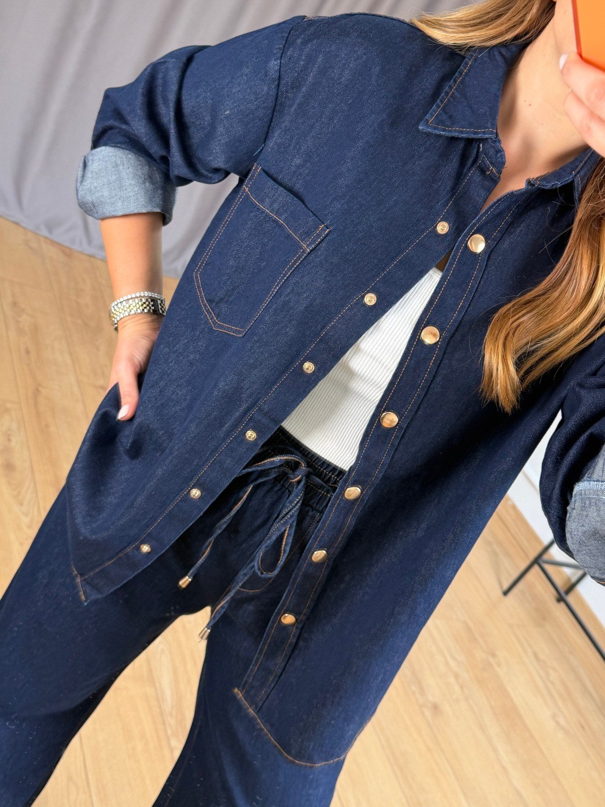 Lacivert Beli Lastikli Denim Takım