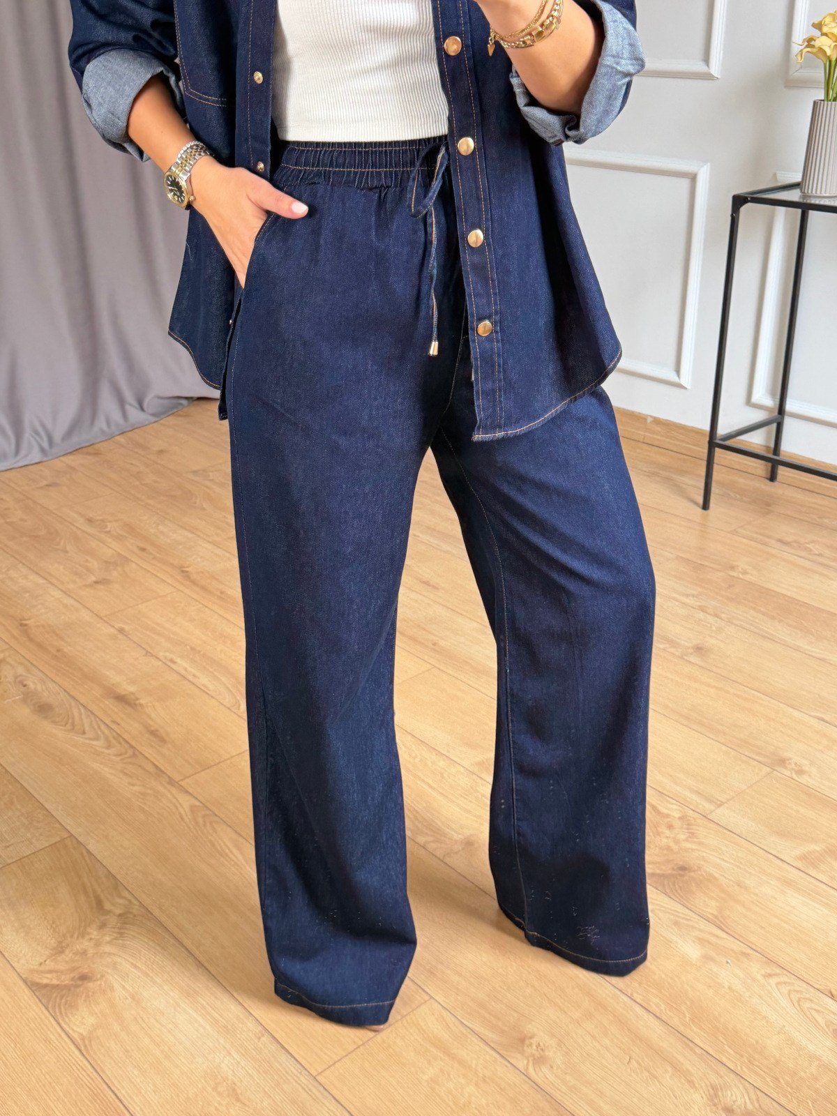 Lacivert Beli Lastikli Denim Takım