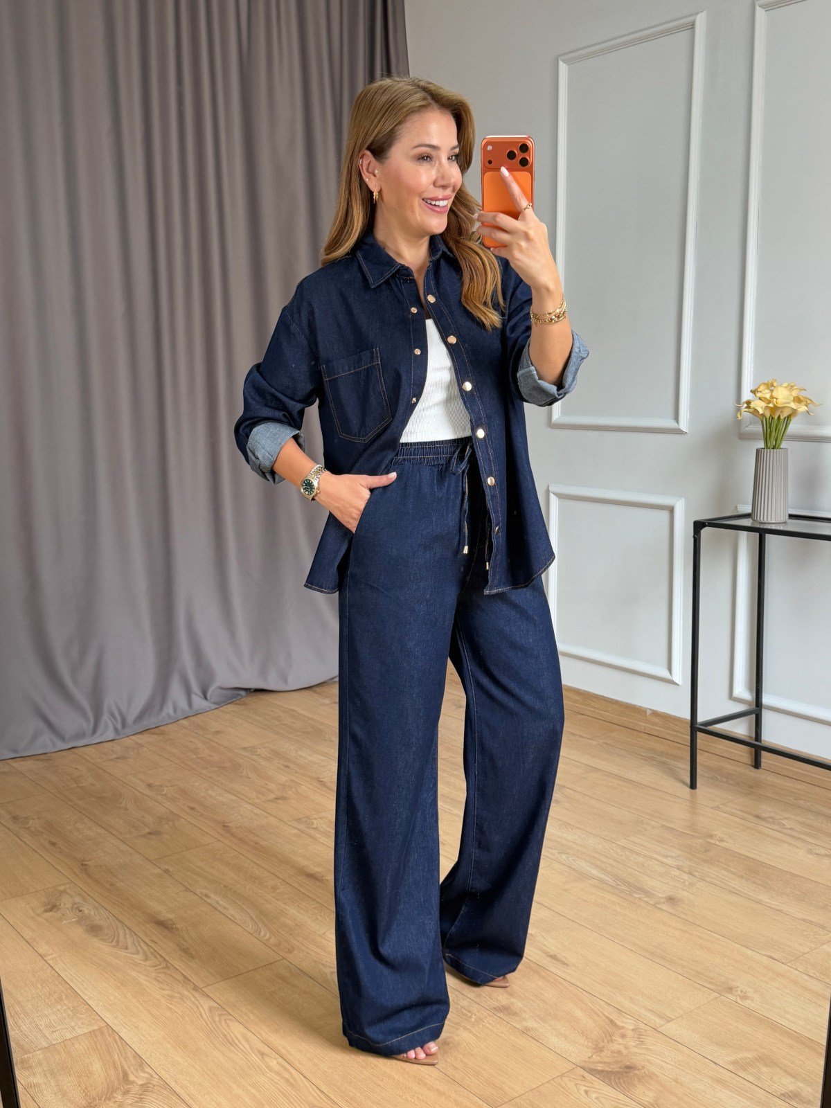 Lacivert Beli Lastikli Denim Takım