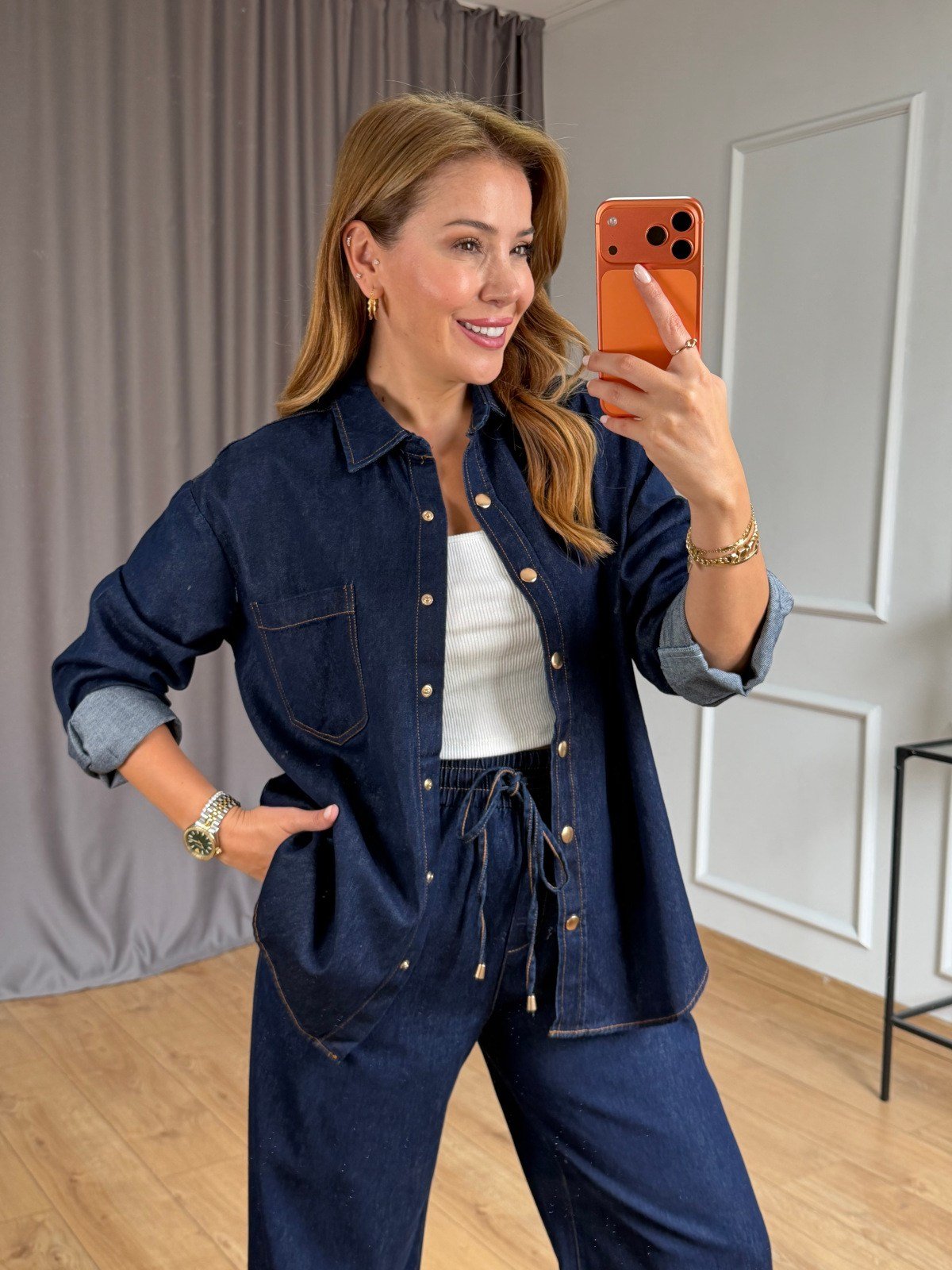 Lacivert Beli Lastikli Denim Takım