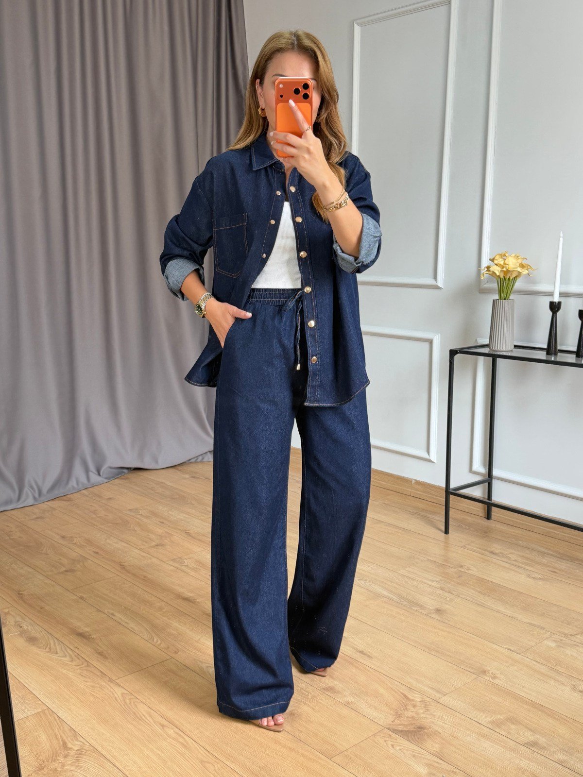 Lacivert Beli Lastikli Denim Takım