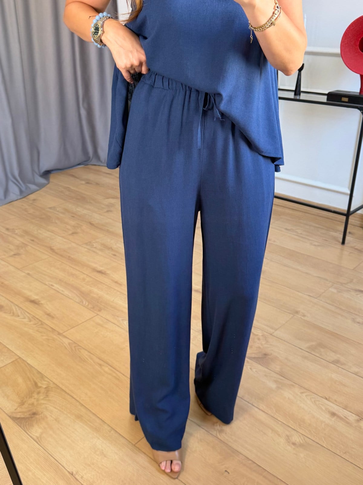 Lacivert  Beli Lastikli Keten Pantolon