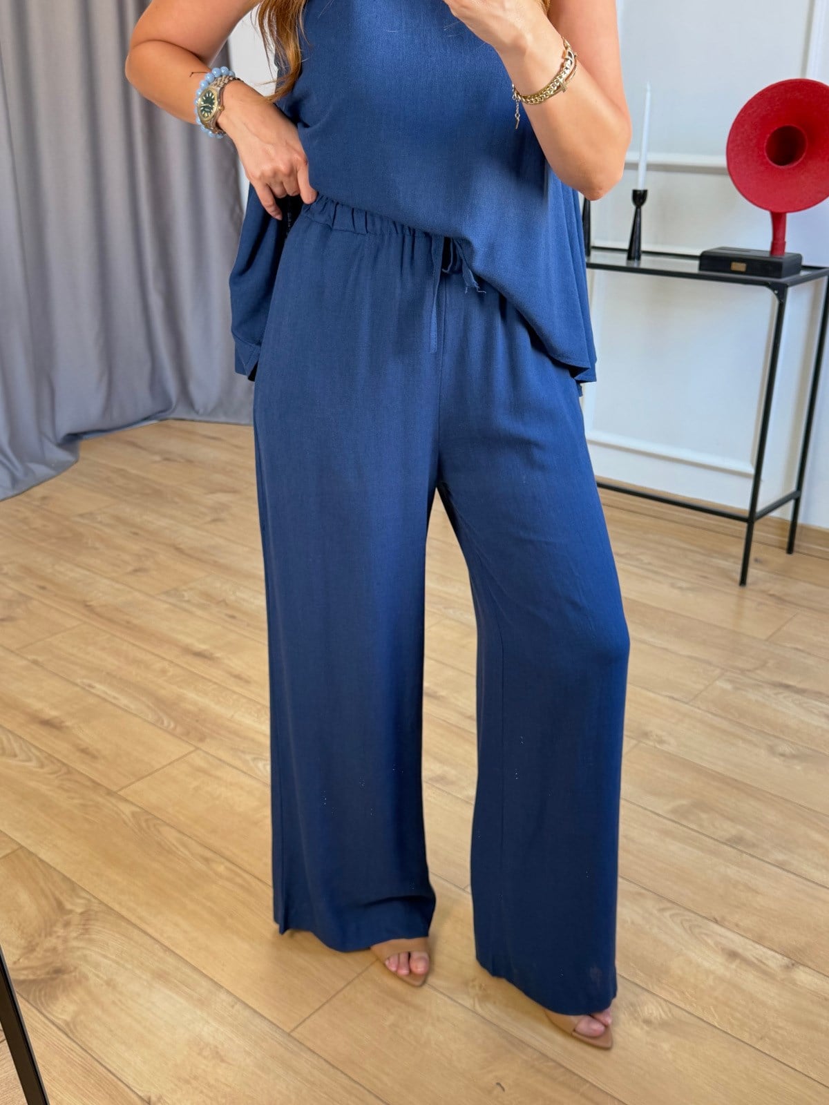 Lacivert  Beli Lastikli Keten Pantolon