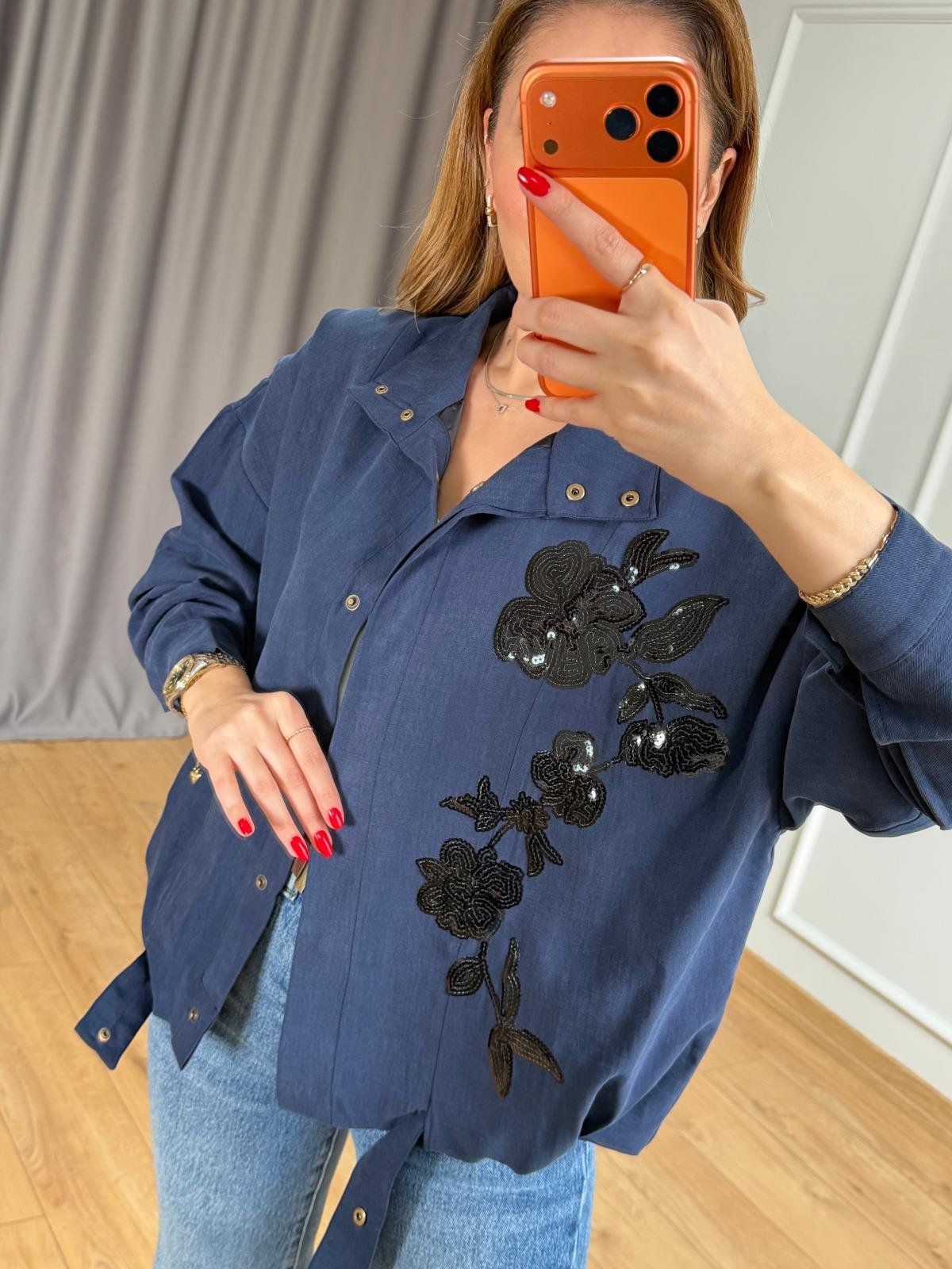 Lacivert Çiçek Nakışlı Ceket