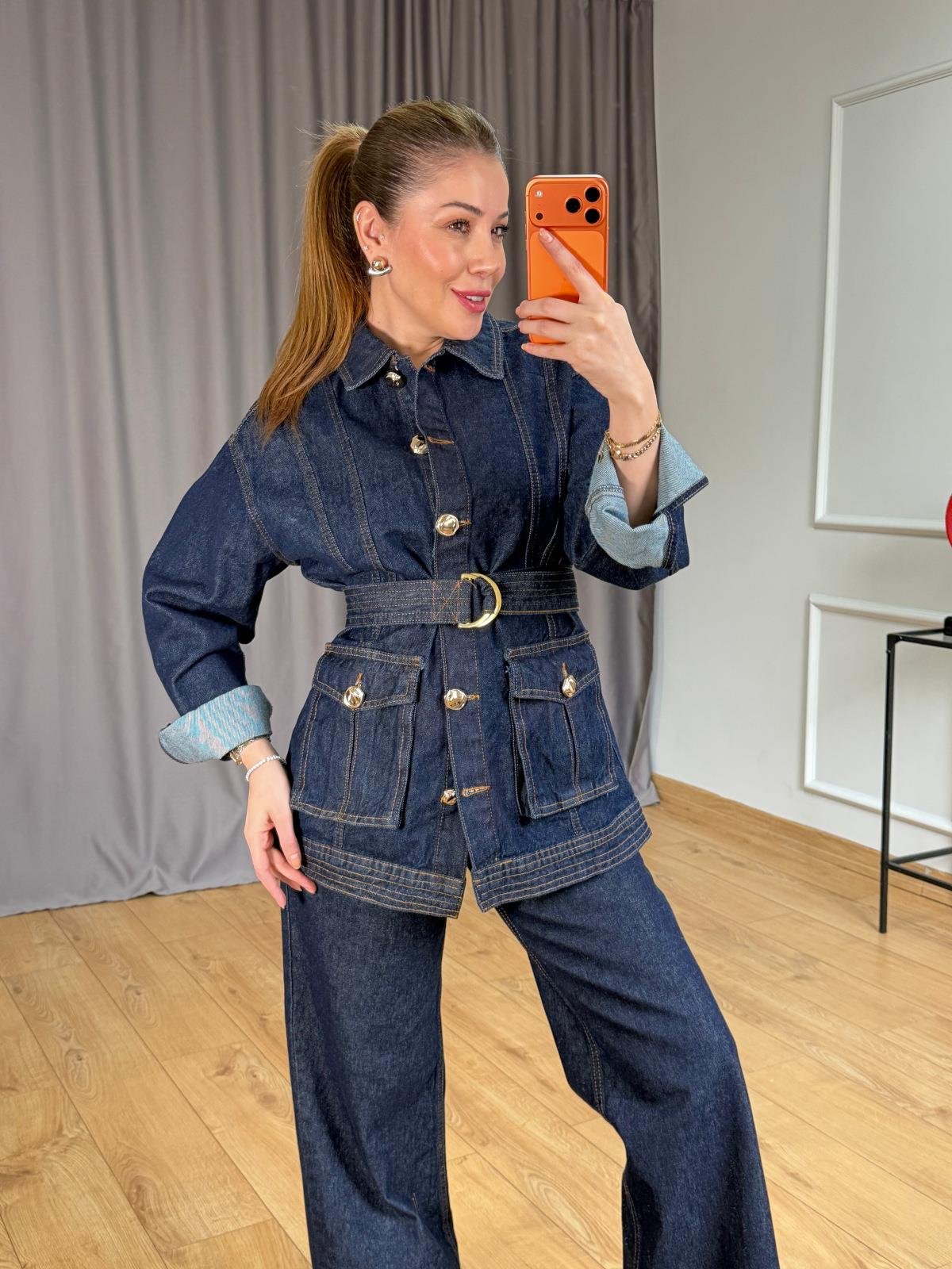 Lacivert Kuşaklı Jean Ceket