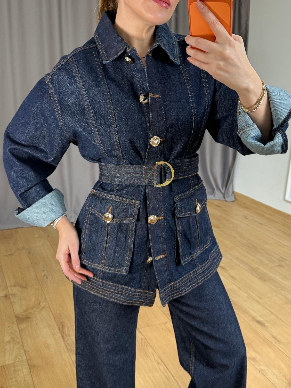Lacivert Kuşaklı Jean Ceket