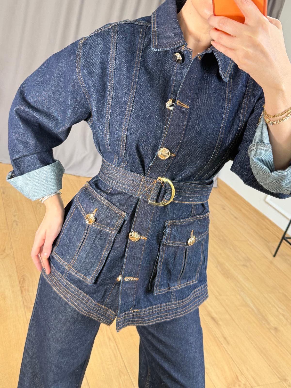 Lacivert Kuşaklı Jean Ceket