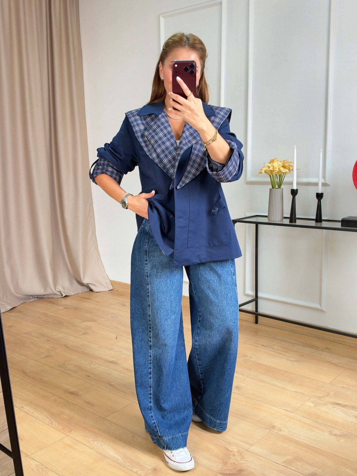 Lacivert Petikare Detaylı Blazer Ceket