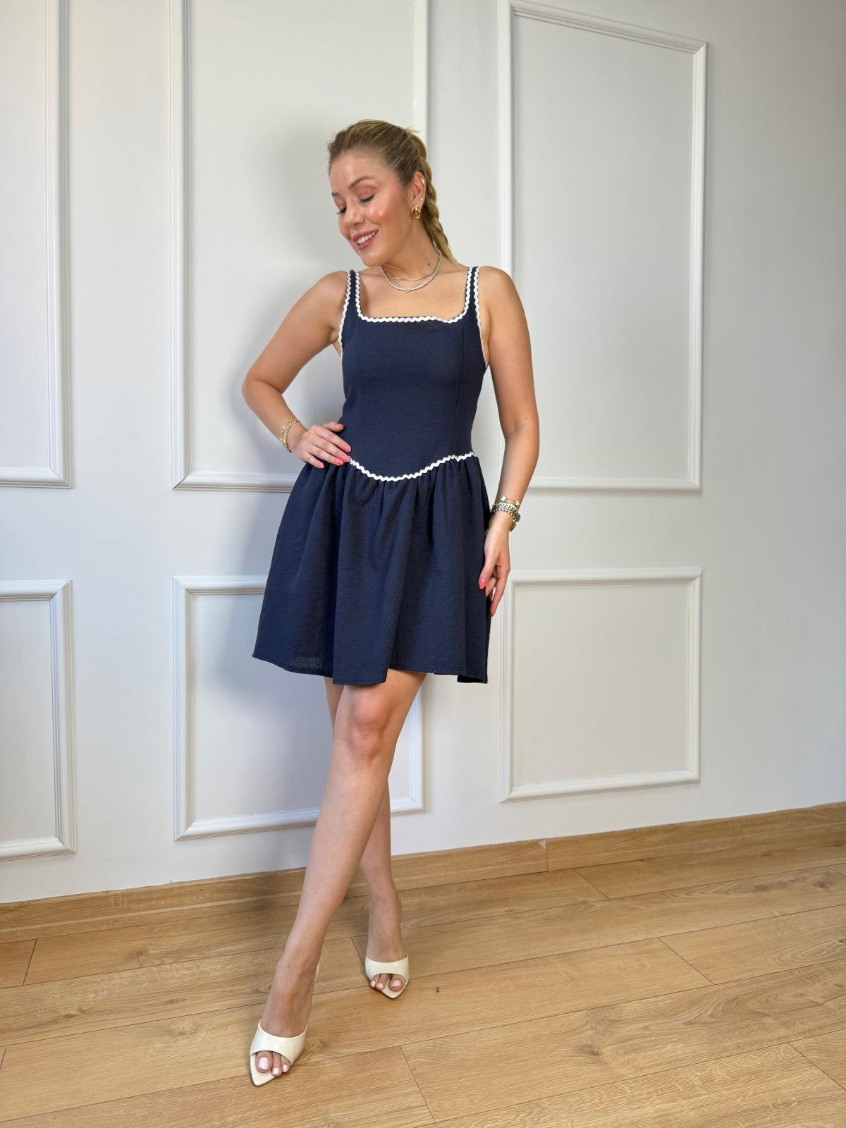 Lacivert Şeritli Elbise