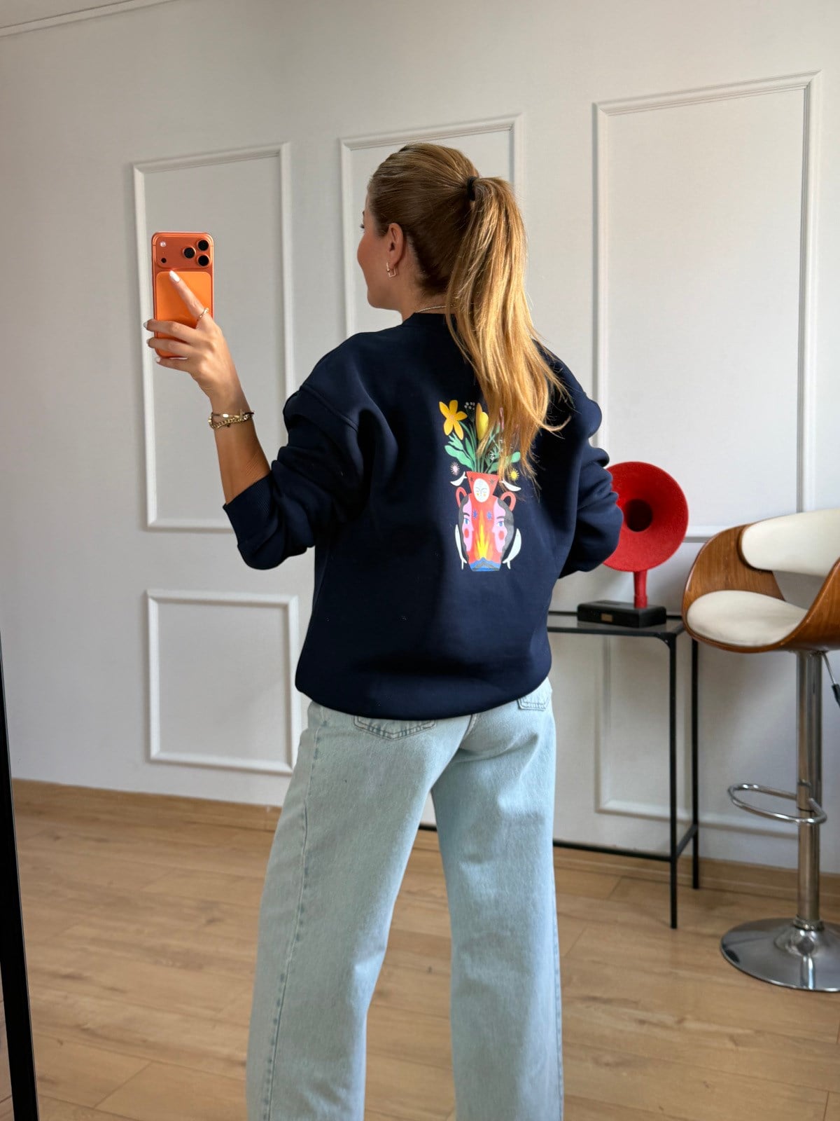 Lacivert Sırt Baskılı Sweatshirt