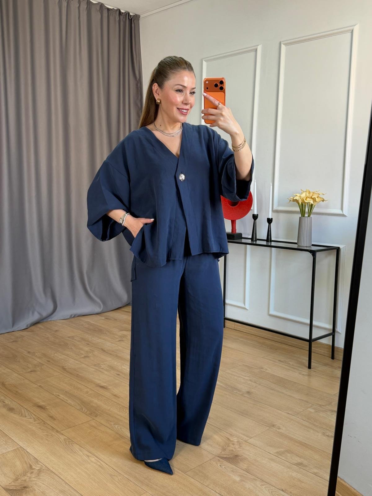 Lacivert Yan Yırtmaçlı Kimono Takım