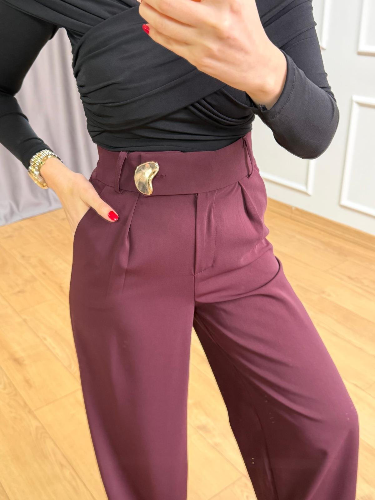M. Bordo Gold Aksesuarlı Palazzo Pantolon