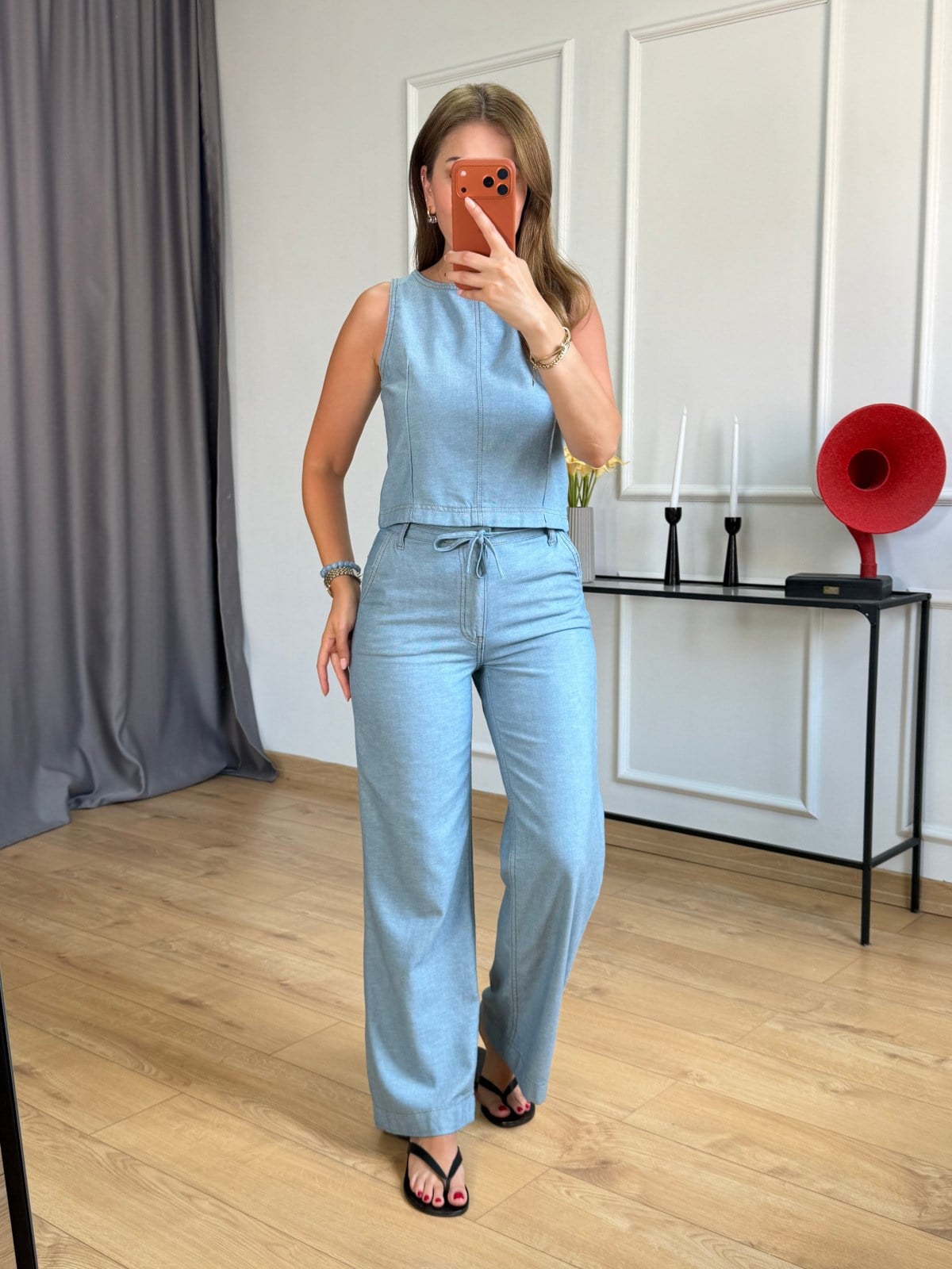 Mavi Beli Bağlamalı Bluz Pantolon Takım