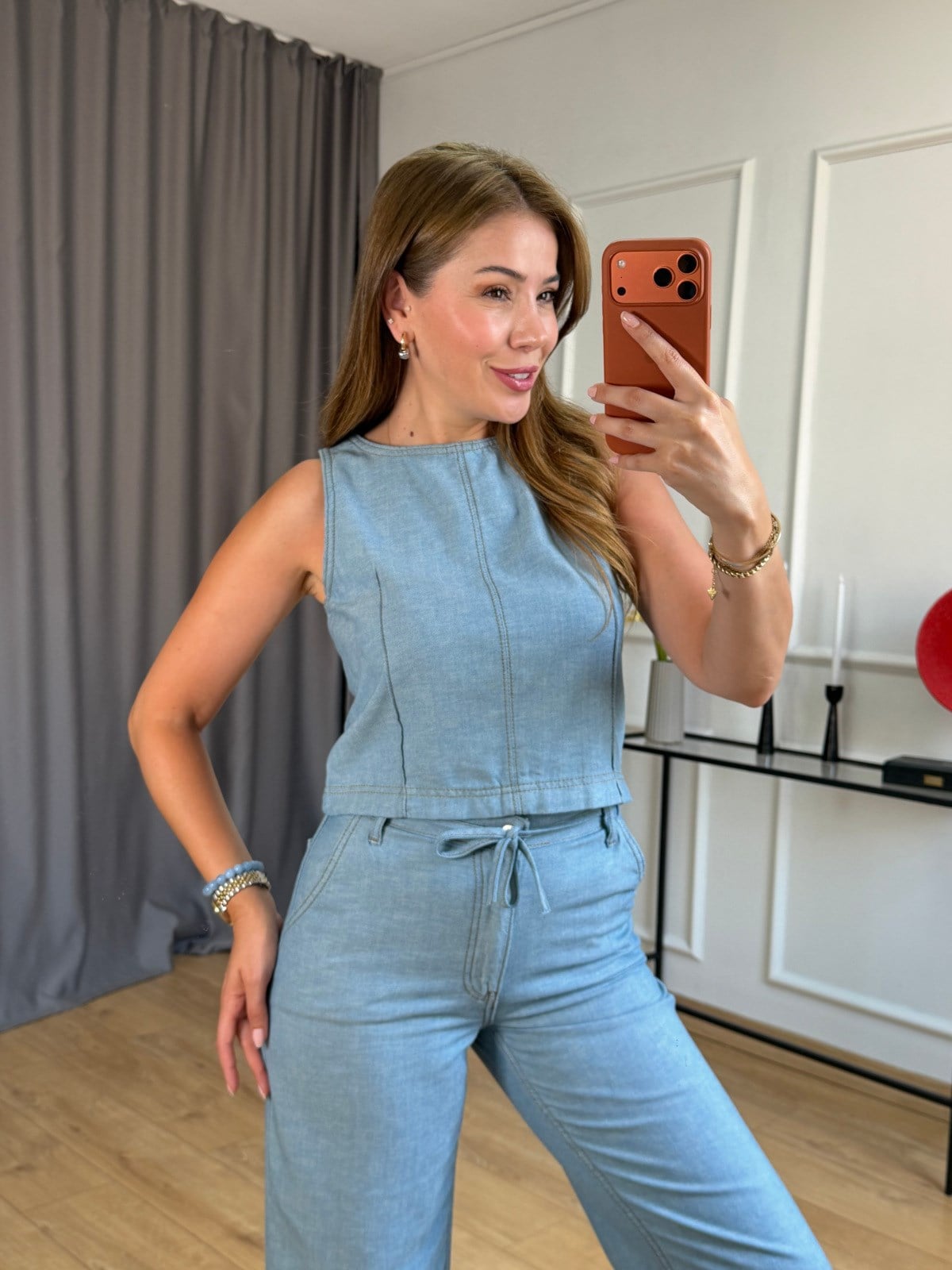 Mavi Beli Bağlamalı Bluz Pantolon Takım