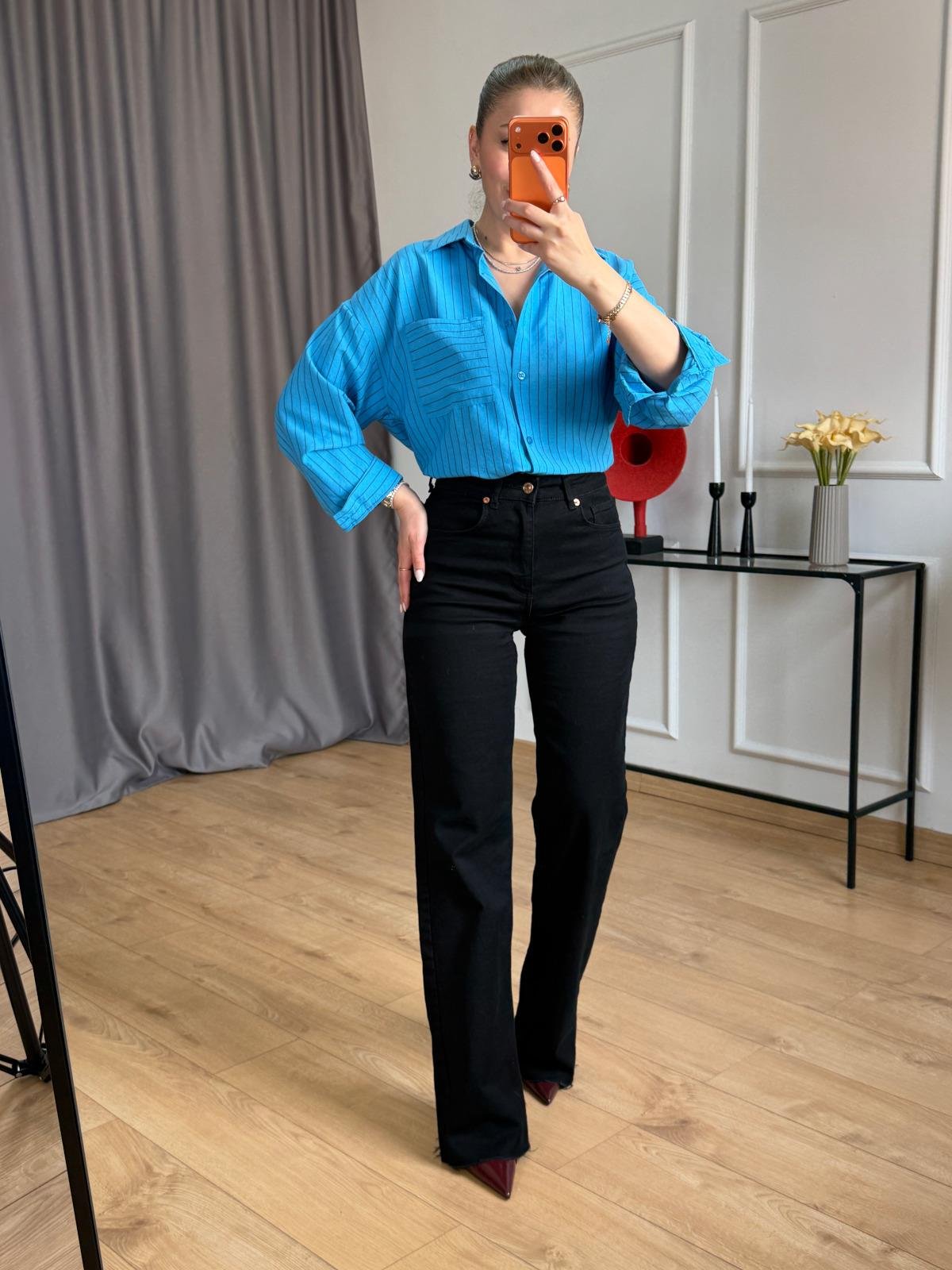 Mavi Çizgili Tek Cepli Gömlek