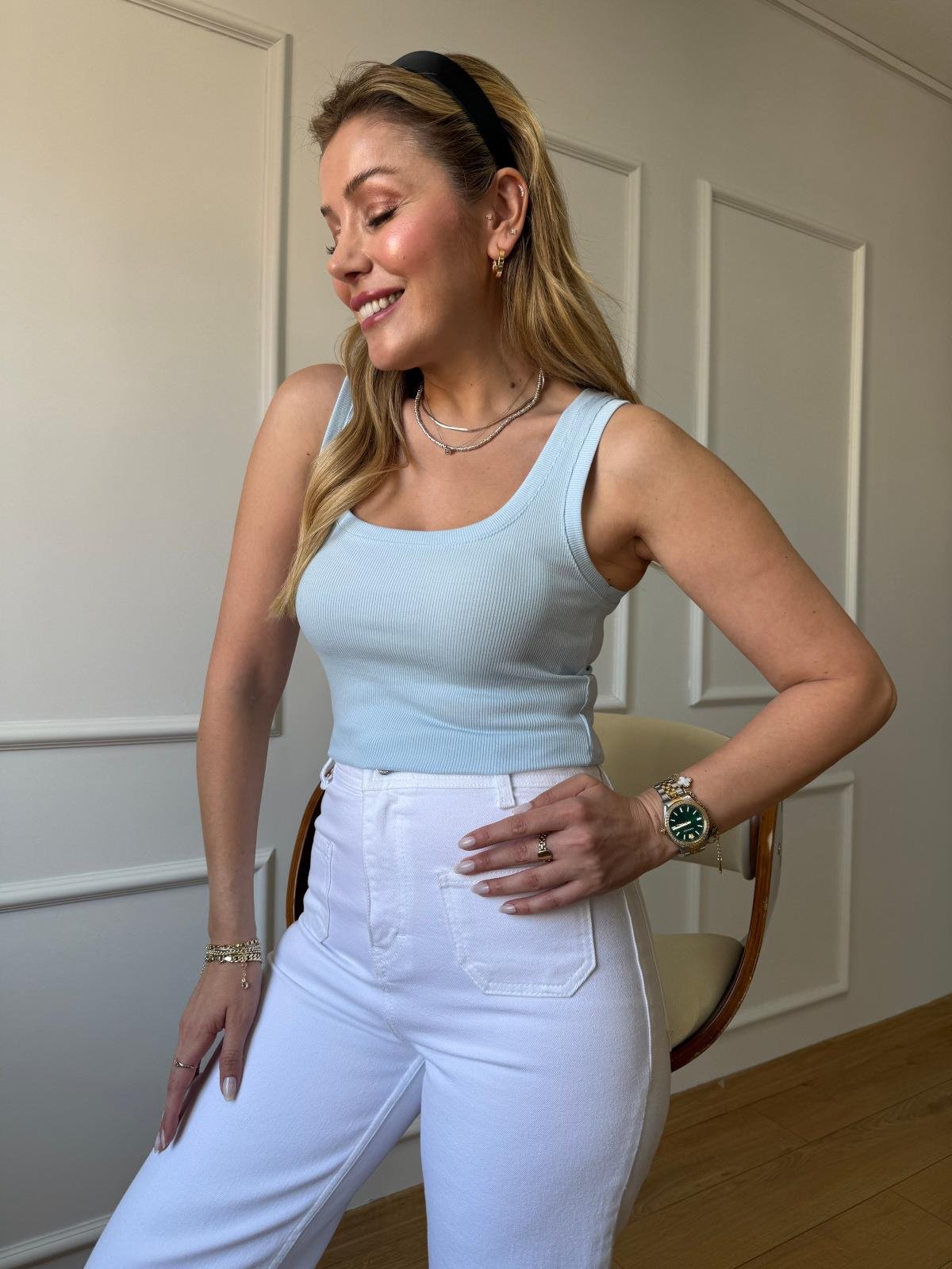 Mavi Fitilli Kalın Askılı Bluz