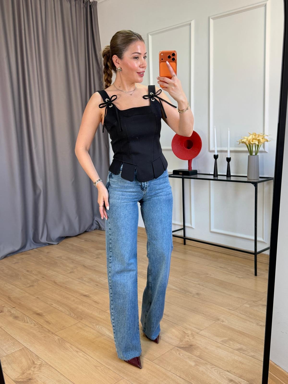 Mavi Kesik Paça Wide Leg