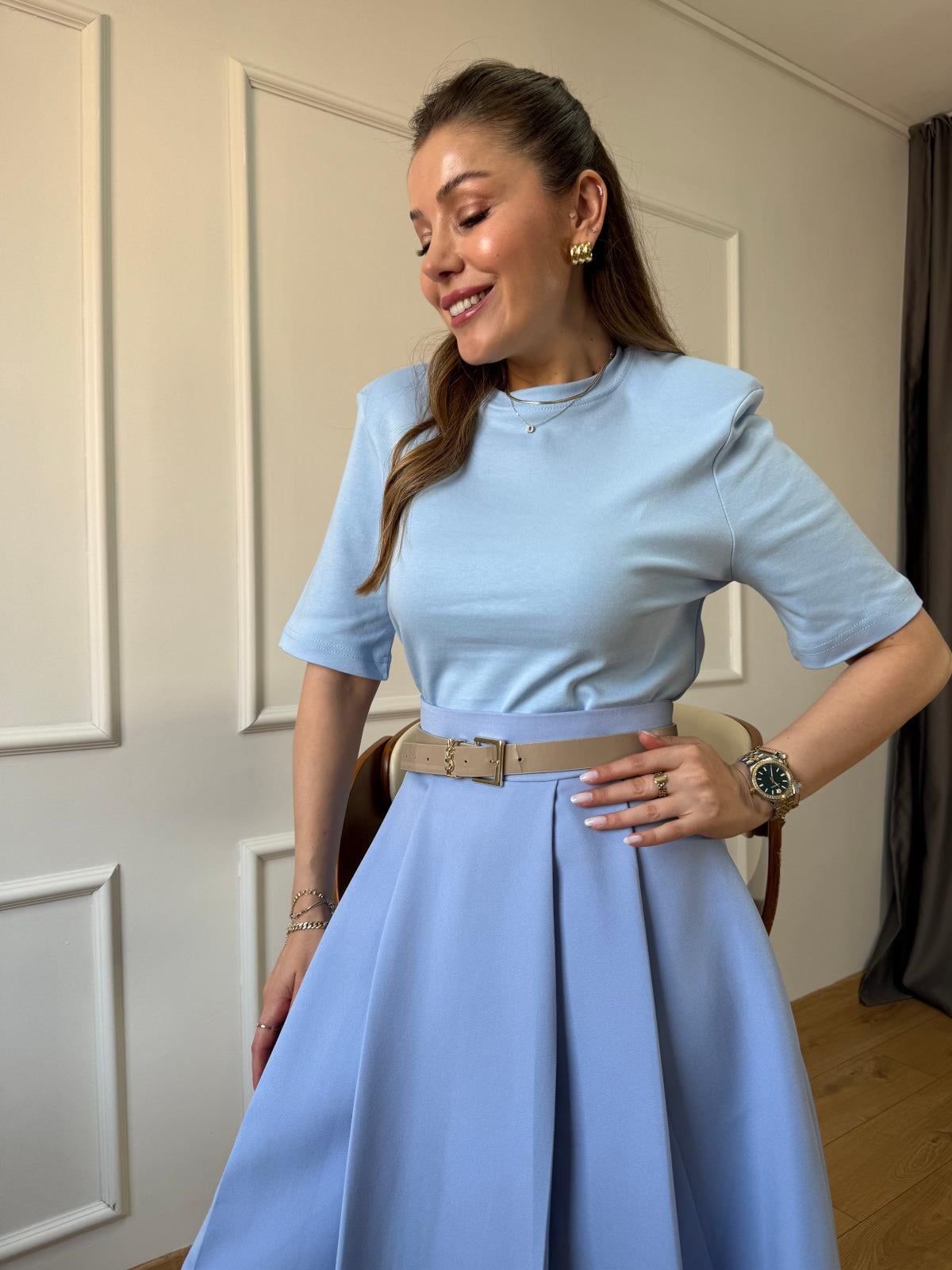 Mavi Vatkalı Basic Tshirt