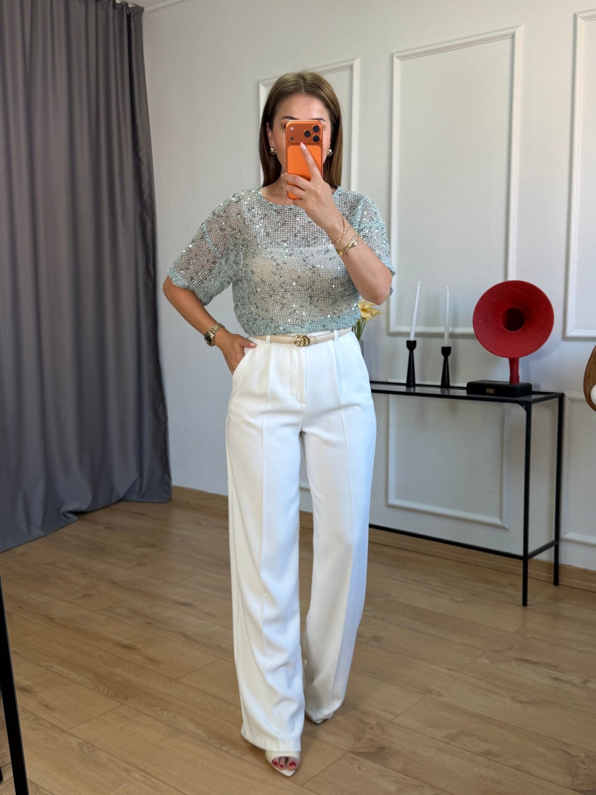 Mint Yeşili Pullu File Pelerin Bluz