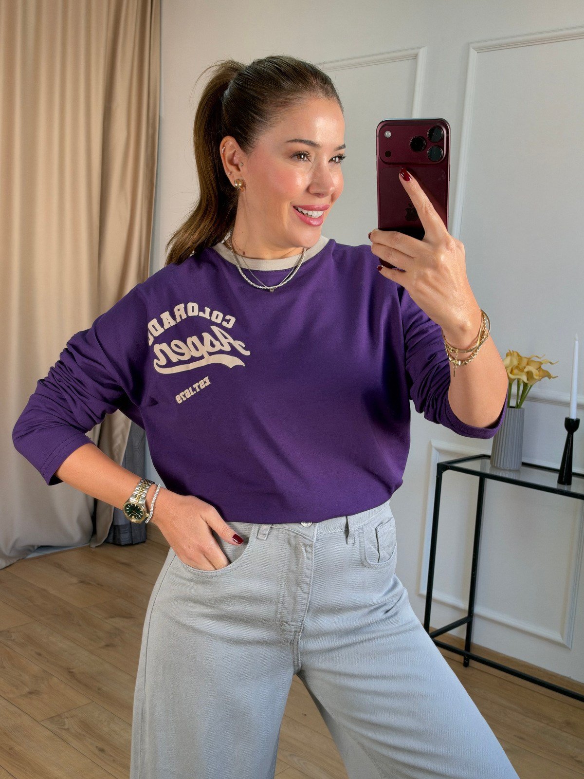 Mor Baskılı Basic Bluz